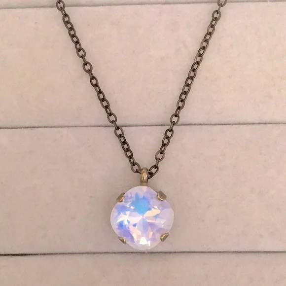 White Opal Aurora Borealis + Antique Brass Crystal Drop Pendant Necklace - Picture 3 of 9